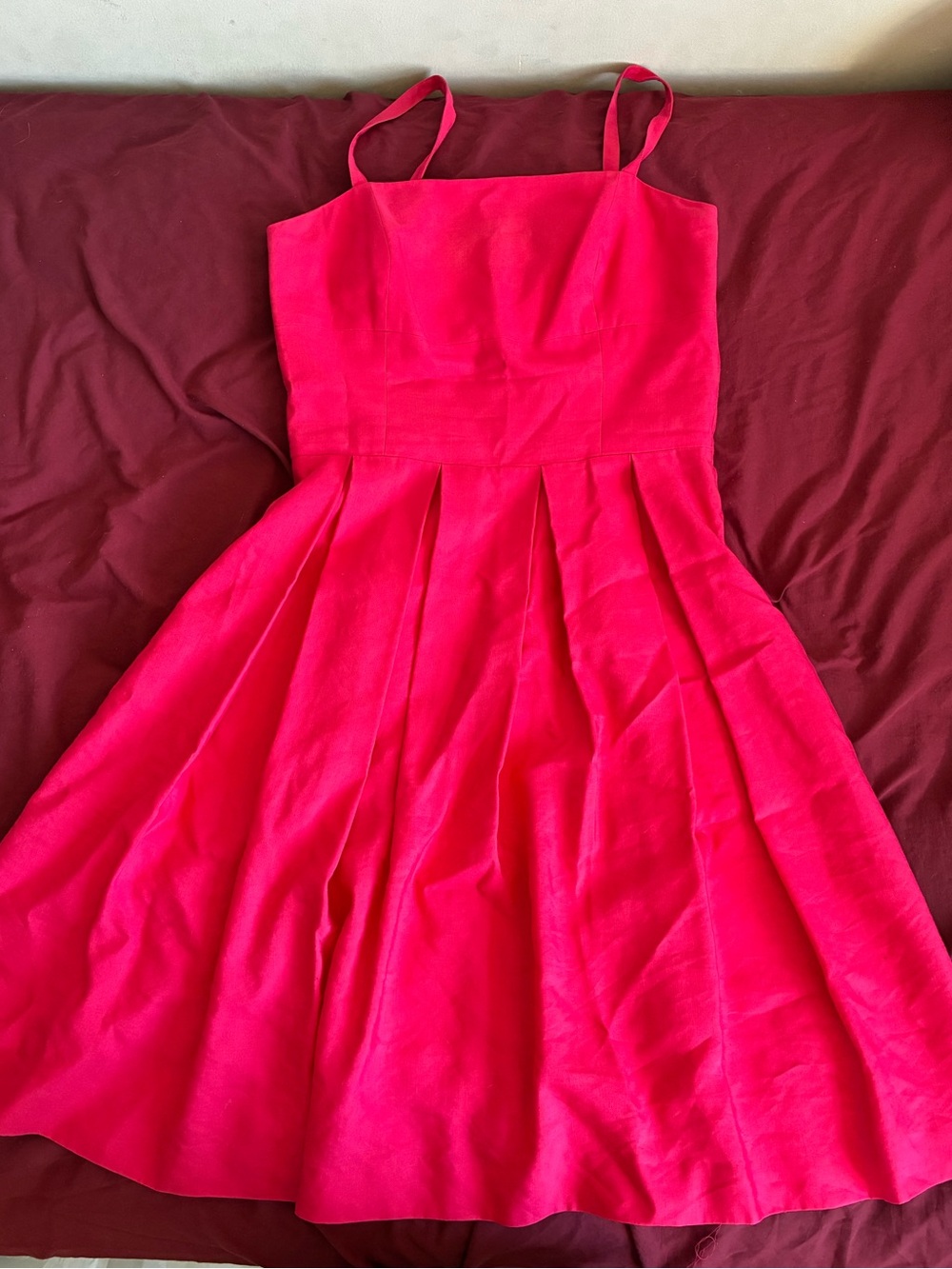 Fuchsia Spaghetti-Strap Midi Dress with Pleated Skirt